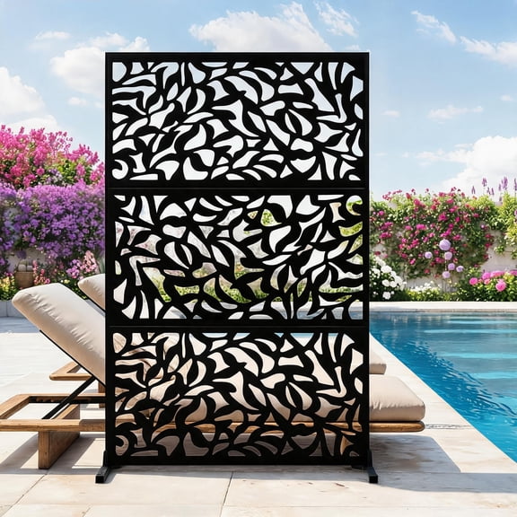 72" H x 47" W Outdoor Metal Privacy Screen, Freestanding Laser Cut Decorative Fence Panel with Stand, Weatherproof Galvanized Steel Privacy Screens, for Patio Garden Balcony Backyard, Black