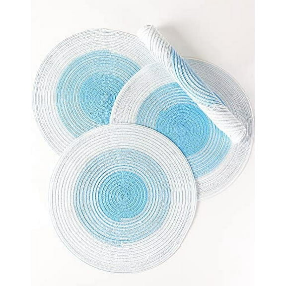 Fennco Styles Handmade Gradient Textured Ramie Placemats 14" Round, Set of 4 – Blue Braided Table Mats Heat Resistant Insulation for Home Décor, Dining Table, Everyday Use, Banquets, Special Events