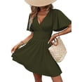 thumbnail image 2 of Women'S Ruched V Neck High Waist Casual Short Sleeve A-Line Dress Green S, 2 of 9
