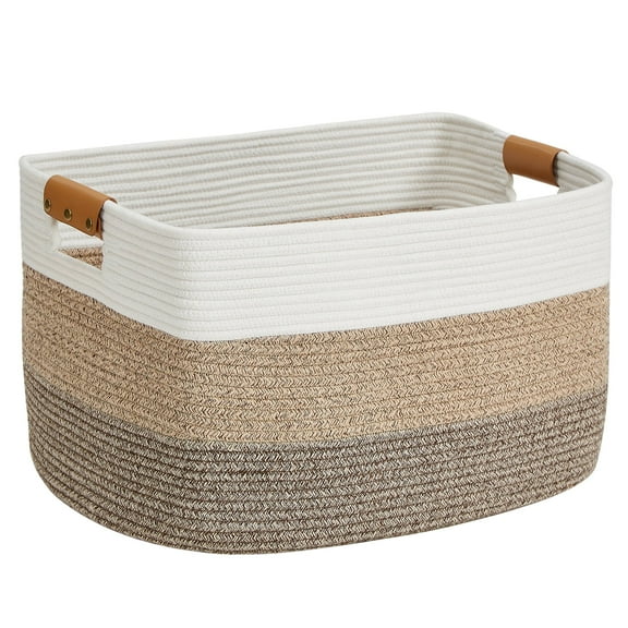 VECELO Large Cotton Rope Basket with Handles, Rectangle Woven Basket for Storage, 21.7" x 16.9" x 11.8", Brown