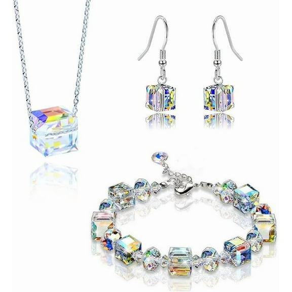 3Pairs Austrian Crystal Cube Earrings Necklace Bracelet Set for Women Handmade Exquisite Chic Clear Rhinestone Silver Plated Ice Earrings Necklace Bracelet Mother's Day Fashion Jewelry Gifts