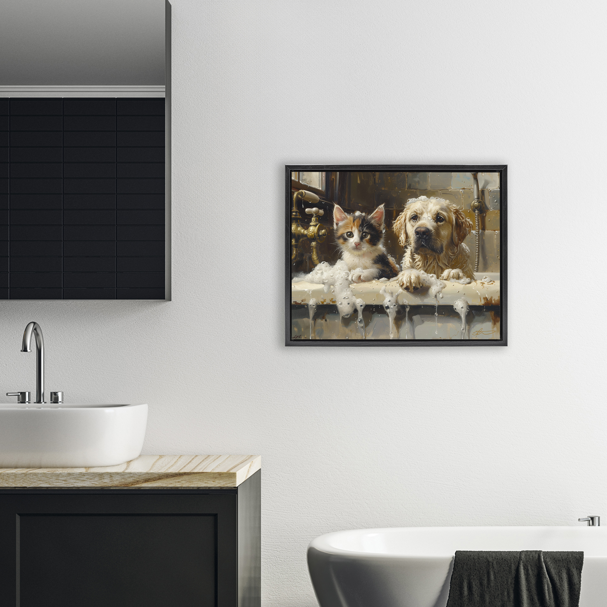 Bath Buddies Cat & Dog Black Framed Floater Canvas Wall Art, design by Shawna Stewart