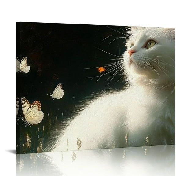 FCXZI Cat Butterfly Picture Vintage Cat Canvas Wall Art Cute Animal Artwork Cat and Flower Wall Art Vintage Animal Painting White Cat Funny Animal Art Prints Retro Cat Wall Art 16x12in