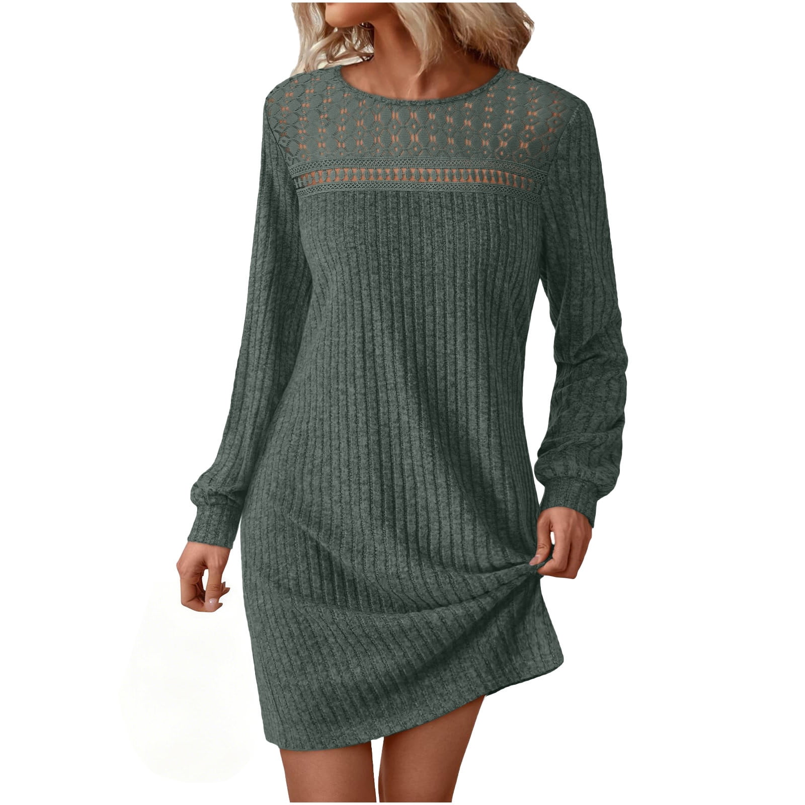 Jinhomg Lace Dresses for Women Long Sleeve Eyelet Ribbed Knit Mini Dress Loose Fit Casual Dresses Spring Clothes Outfits
