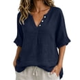thumbnail image 2 of Tops for Women Casual 100% Cotton V-Neck Button Five-Quarter Sleeve Top, 2 of 8