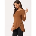 thumbnail image 2 of Blusas de túnica elástica casual con cuello redondo y manga 3/4 para mujer Marrón XS, 2 of 6