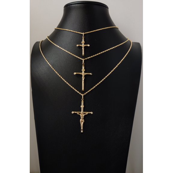 10k Real Solid Gold Jesus Crucifix Pendants Necklace, wit 1.7mm Solid Rope Chain Necklace , Cross, Gold Inri Cross, Gift (Pendant Size:Small; Chain Lenght:with 16'' chain;)