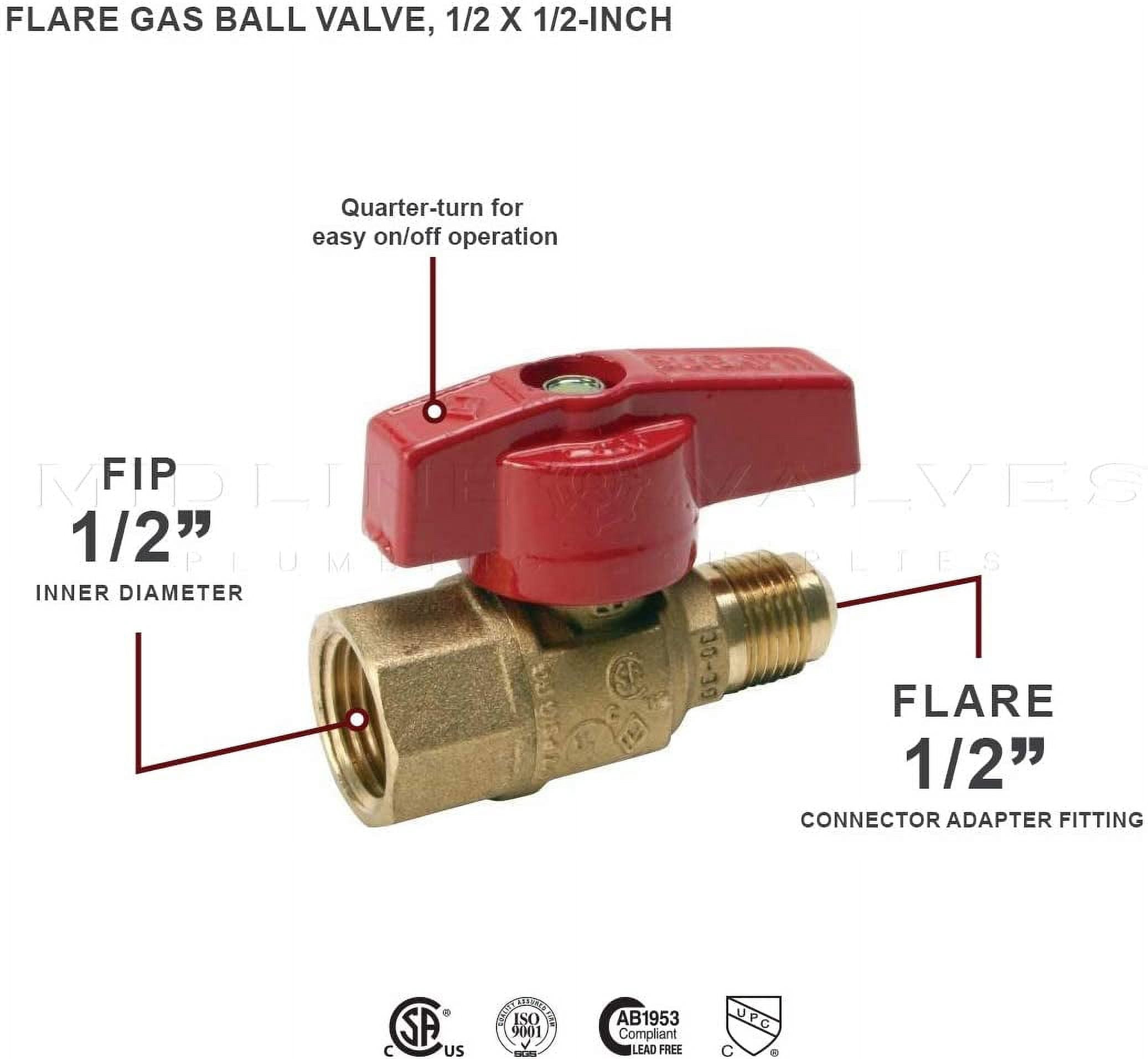 Midline Valve LxF1212GAS Premium Brass Gas Ball Valve, with 1/2 in. x 1/2 in. Flare x FIP Connections