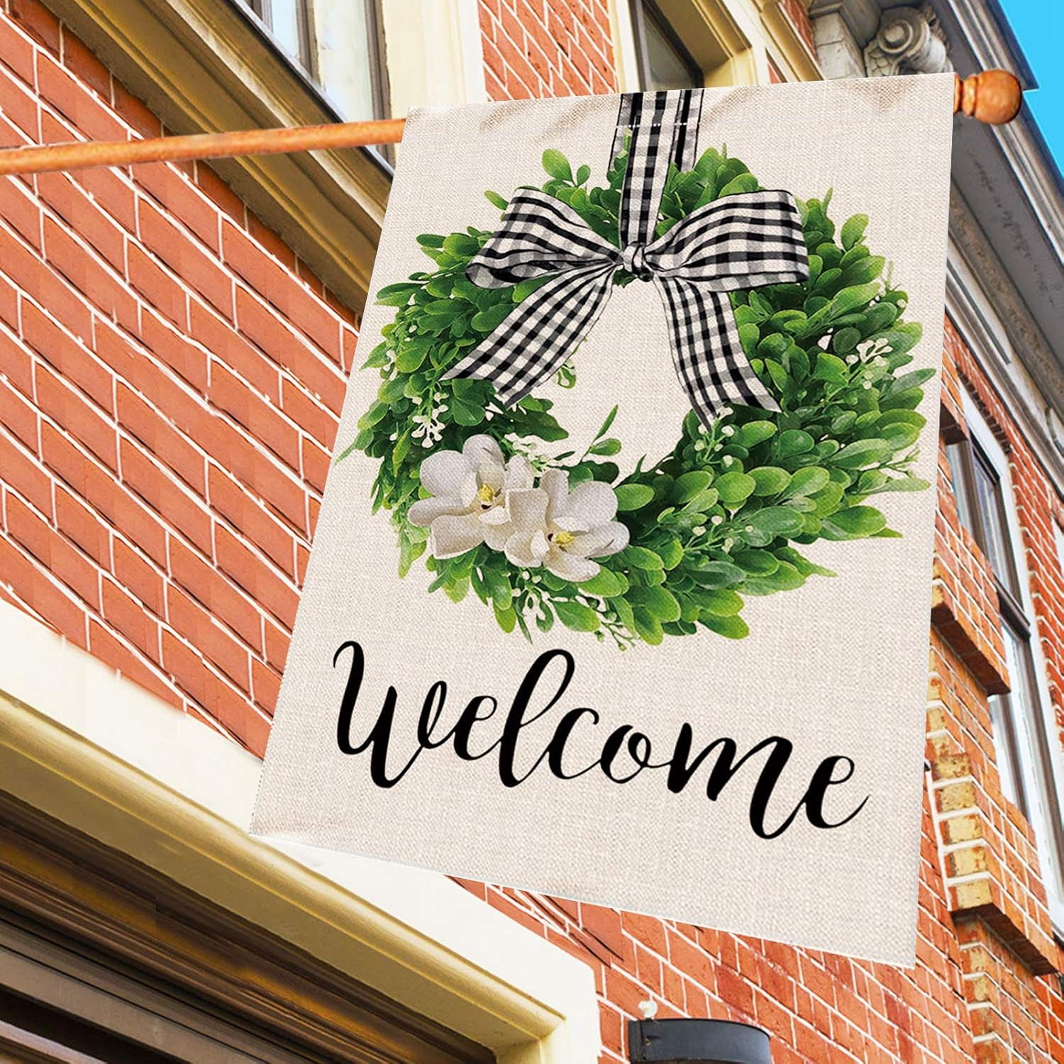 Hexagram Spring Welcome Garden Flag  Outside, Mailbox Decor, Seasonal Outdoor Linen Double Sided Spring Summer Flags for Outside, Boxwood Wreath Buffalo Plaid Yard Farmhouse Flag Decoration