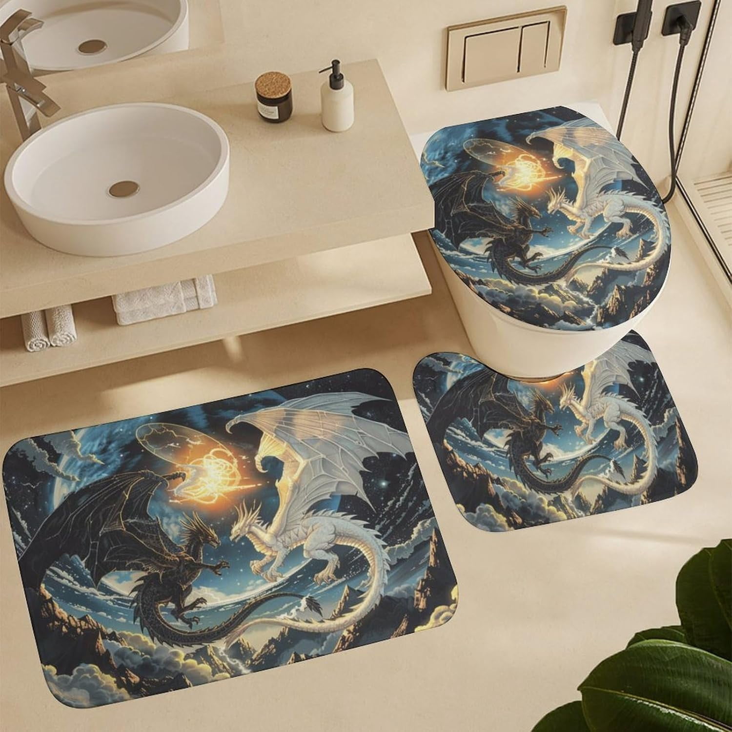 4Pcs Mystical Dragon Shower Curtain Sets, Bathroom Decor Set with Rugs, Bath Mat Retro Mountain Galaxy Fantasy Animal Shower Curtain, 72 X 72 Inch