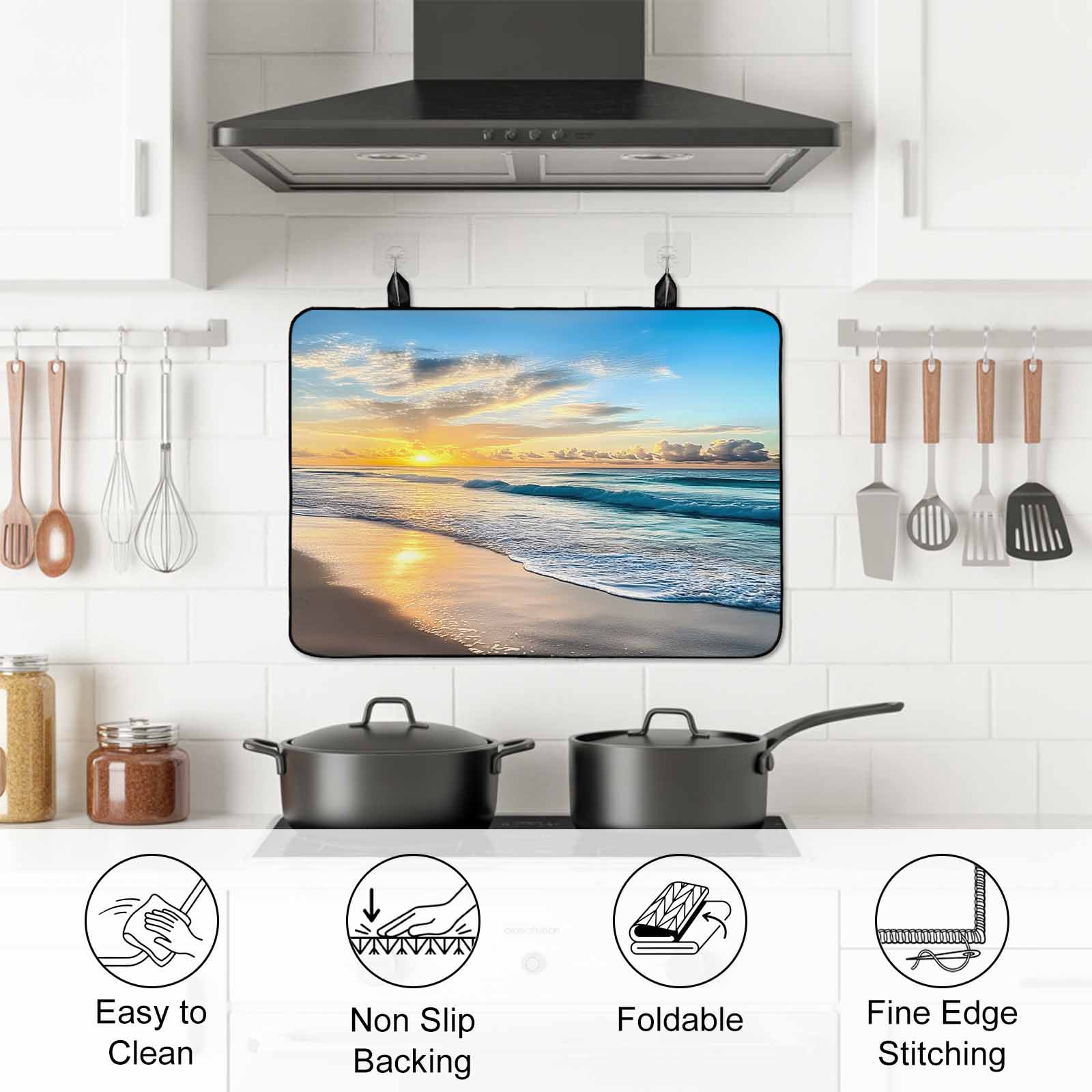 Ocean Sunset Stove Top Cover for Electric Stove, Heat-proof & Non Slip Glass Top Stove Cover Protector, Beach Blue Sky Coastal Seashore Summer Kitchen Flat Cooktop Rubber Mat 24x21 Inches