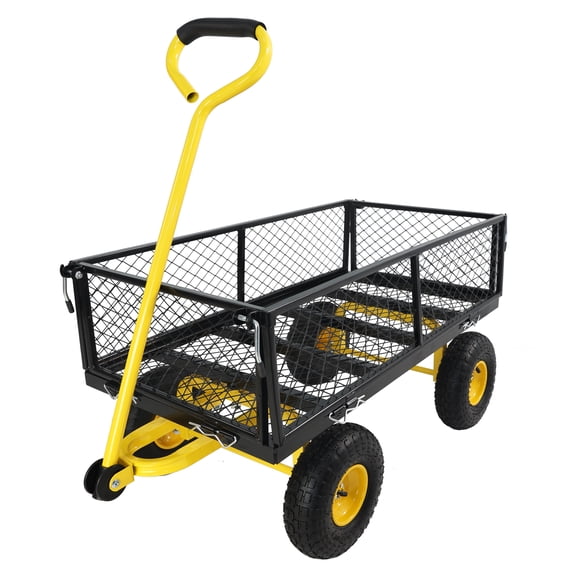 Noaman 600LB Garden Cart Wagon with Inflatable Tires, 37x19.5x40in Utility Cart, Yellow Black
