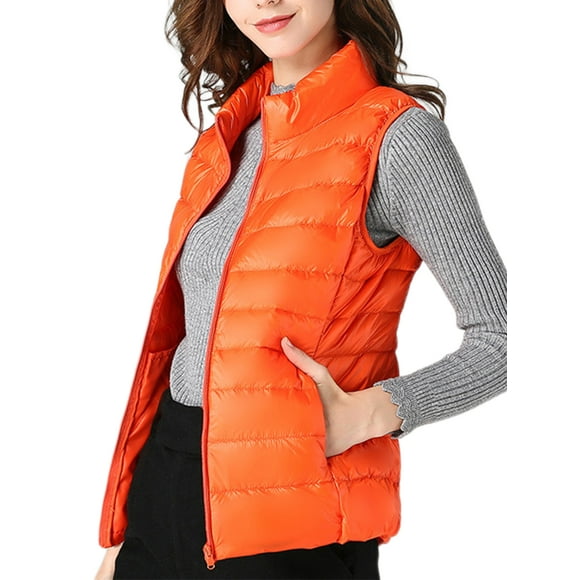 Sexy Dance Ladies Down Vests Zip Up Puffer Vest Stand Collar Waistcoat Casual Outwear Sleeveless Jacket Orange M