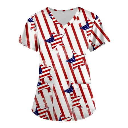 

netehipn Womens Scrub Tops 2xl American Flag Printed Top Women 4th Of July Patriotic Shirt Graphic Usa Independence Day Shirts Red XXXXXL