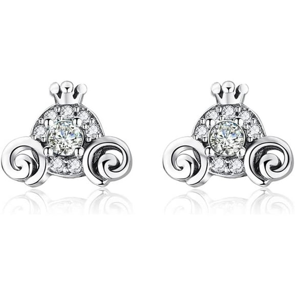 Cute Pumpkin Carriage Stud Earrings for Women 925 Sterling Silver Cubic Zirconia Vintage Lucky Princess Tiny Small Studs Cartilage Hypoallergenic Holiday Birthday Halloween Jewelry Dainty Gifts