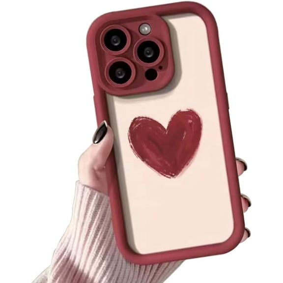 Love Heart Wine Red Graffiti Silicone Shockproof Raised Frame Case Compatible with iPhone Case (iPhone 14 Plus)