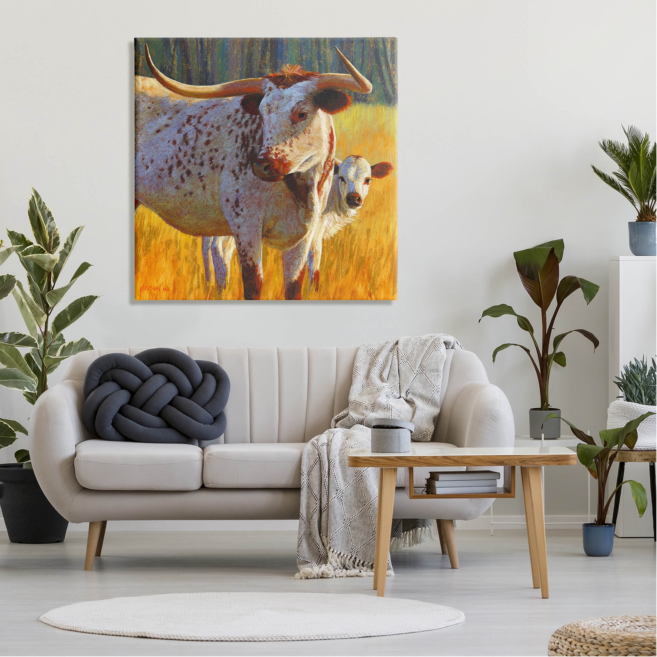 Longhorn Cow Calf Grassland Farm Animals & Insects Painting Gallery Wrapped Canvas Print Wall Art