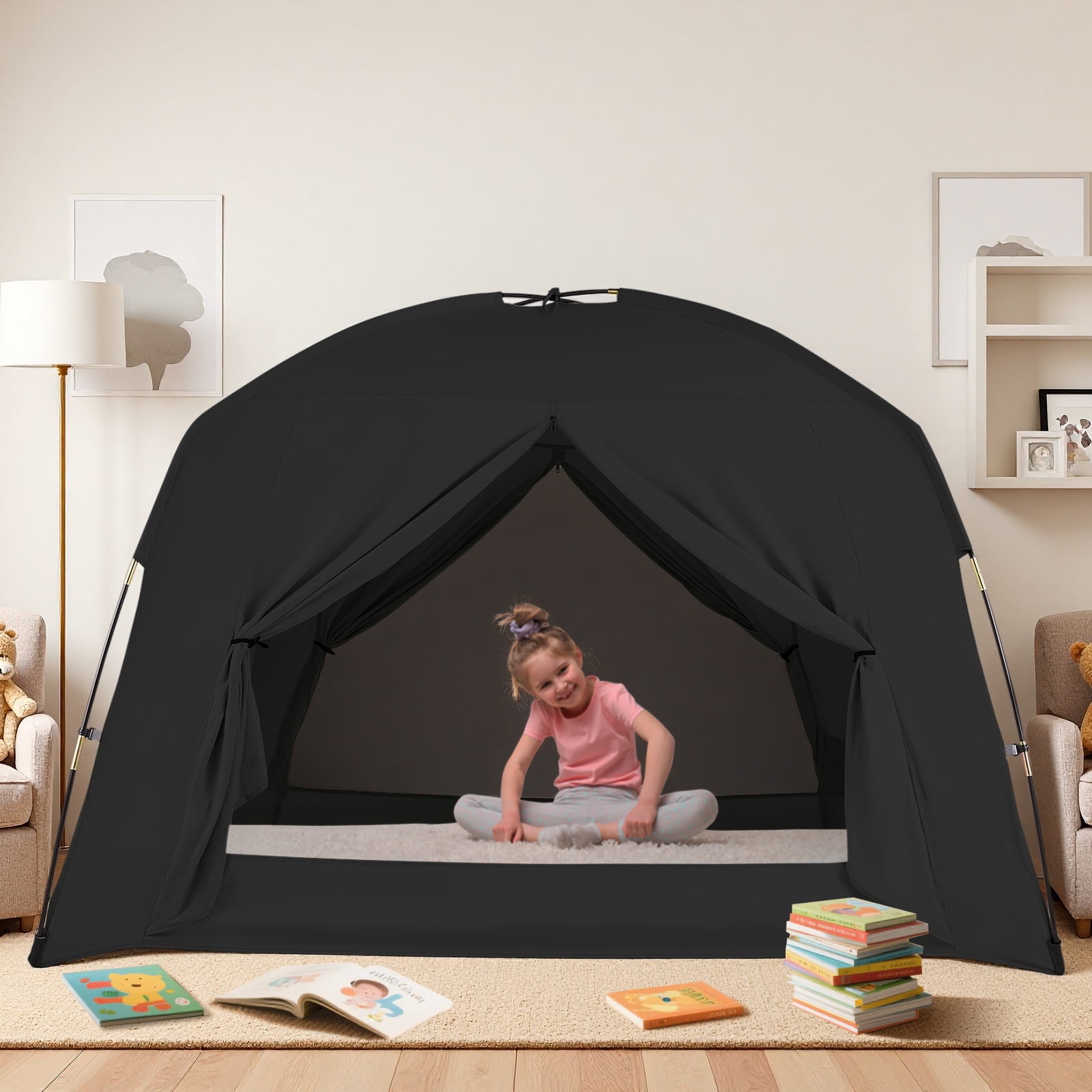 Bed Tents for Kids and Adult Portable 100% Breathable and 93% Blackout Toddler Dream Play Tent 3 Doors Big Privacy Sleep Canopy(Black, Twin-Size)