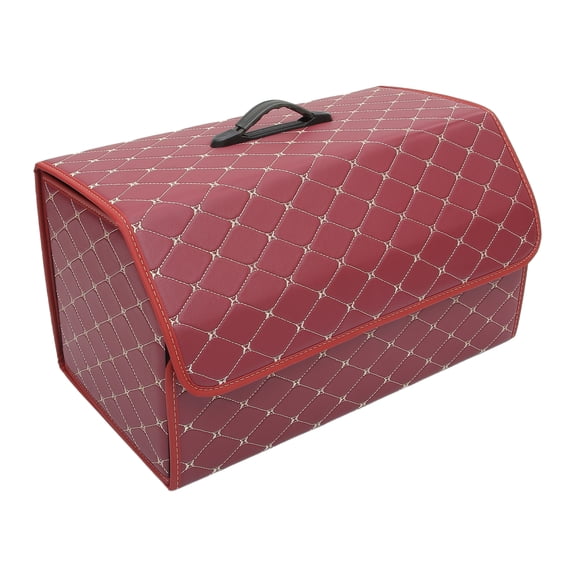 54x31x29cm Wine Red PU Leather Foldable Storage Bag Trunk Organiser Waterproof with Handle for Car Beige Stitches