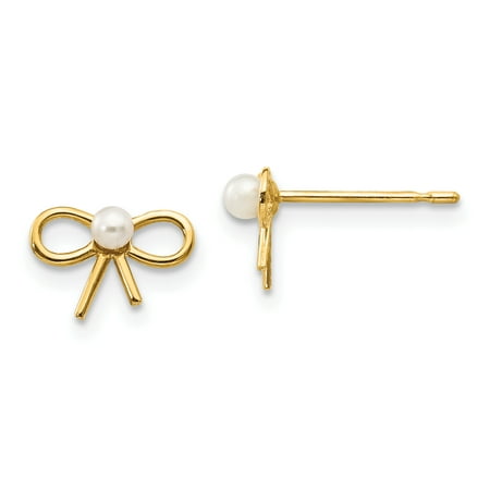 14k Solid Yellow Gold Madi K FW Cultured Pearl Children's Bow Post
