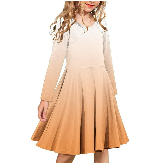 Zwiiyzr Robes pour Filles Patineuse Tournoyante Extensible Ligne A Tout-Petit Couleur Dégradée Robe Longueur Genou Orange