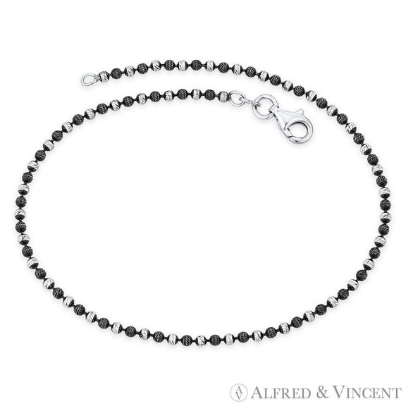 2mm Catena Ball Bead Link Italian Chain Anklet in 2-Tone .925 Sterling Silver w/ Black Rhodium