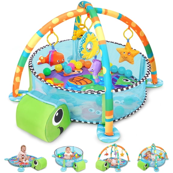 Babyeap 3-in-1 Baby Gym and Play Mat, Baby Activity with Ocean Ball Sensory Toys, 0-36 Months