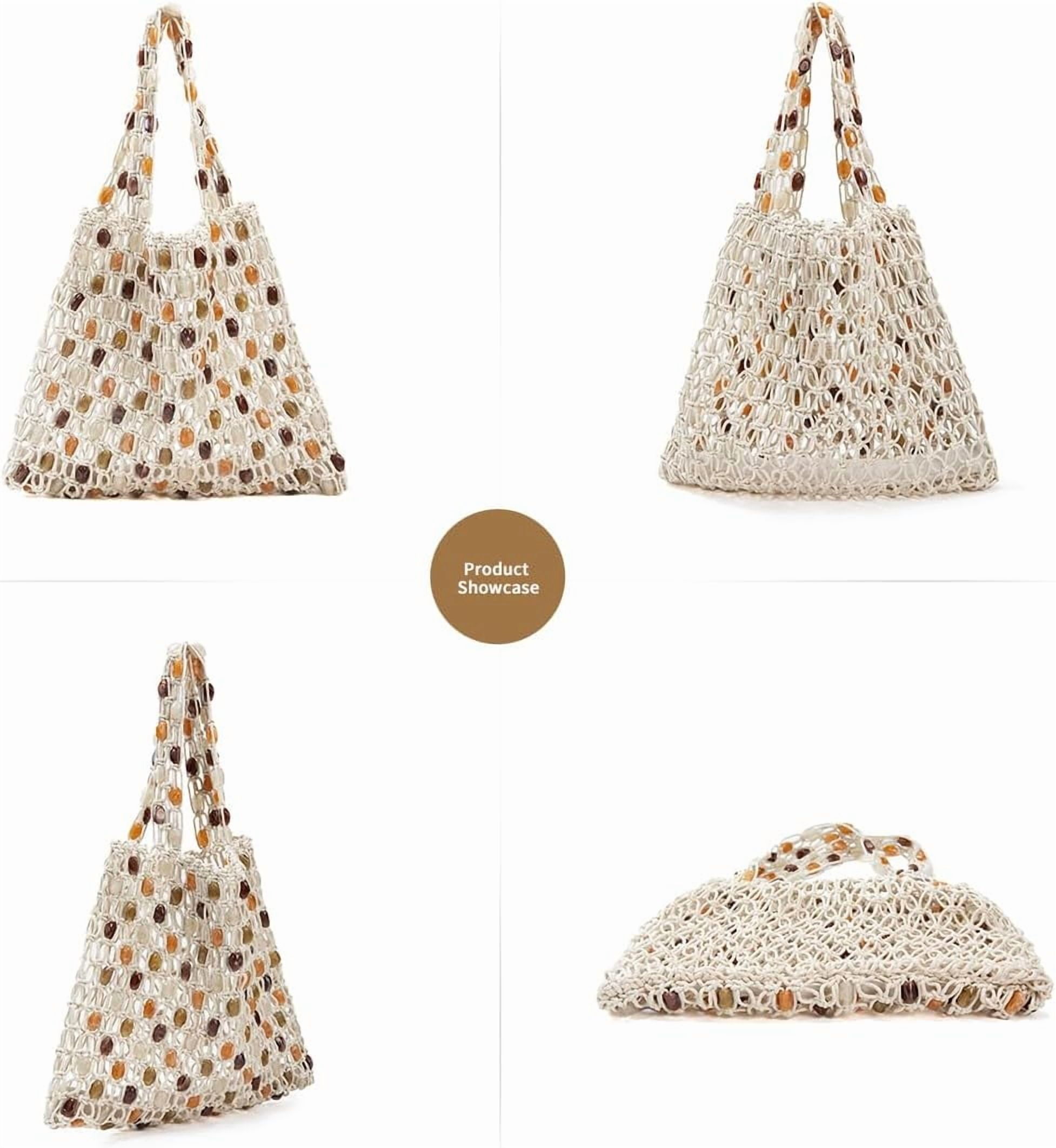 Women’s Crochet Beaded Shoulder Bag Lightweight Summer Tote Handbag