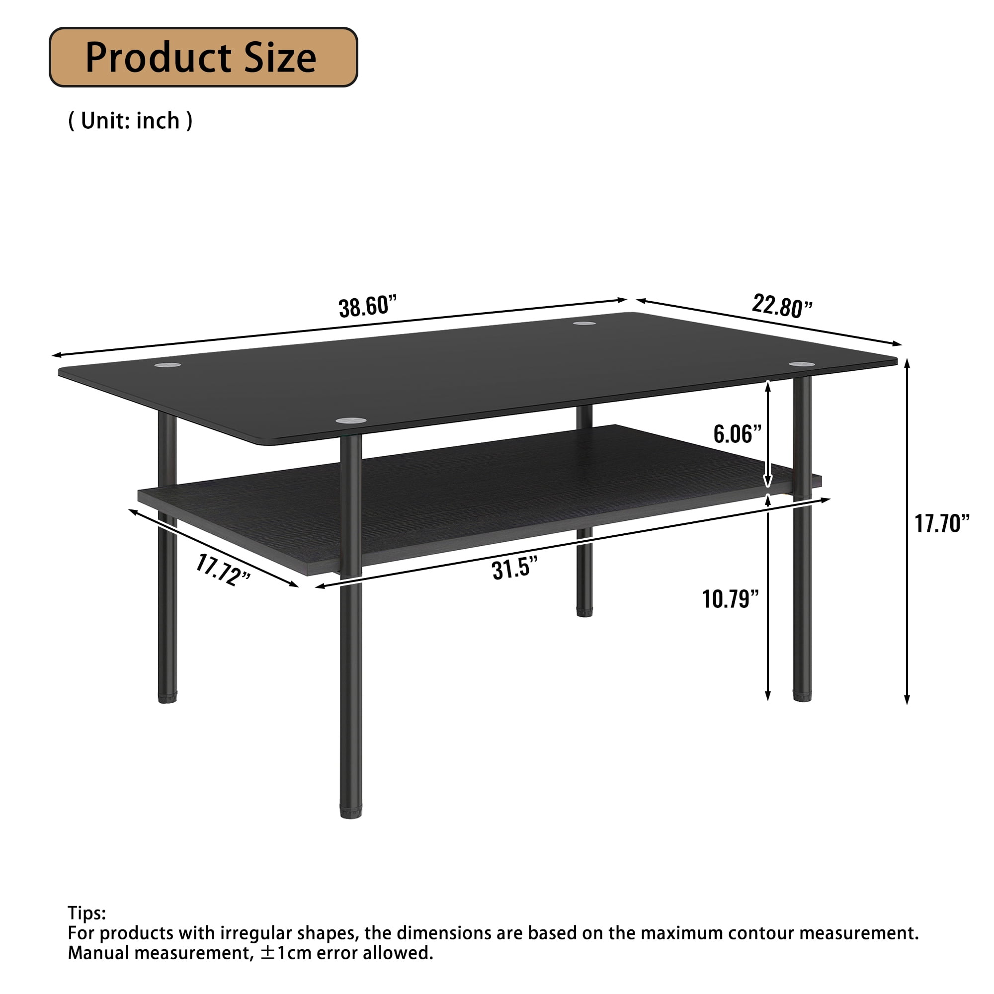 Modern Rectangular Glass Coffee Table with Tempered Glass Top and Wood Shelf, 38.6-Inch Center Table for Living Room, Black