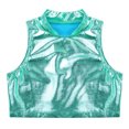 thumbnail image 4 of Aiihoo Kids Girls Sleeveless Mock Neck Shiny Metallic Athletic Crop Top Plain Ballet Workout Sports Bra Yoga Gymnastics Lake Blue 8, 4 of 7