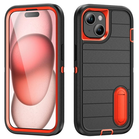 Phone Case for iPhone 15, Heavy Duty Durable Military Grade Shockproof Protective Non-slip Kickstand Soft Silicone Hard PC 2 In 1 Hybrid Cover Case for iPhone 15, Black Orange