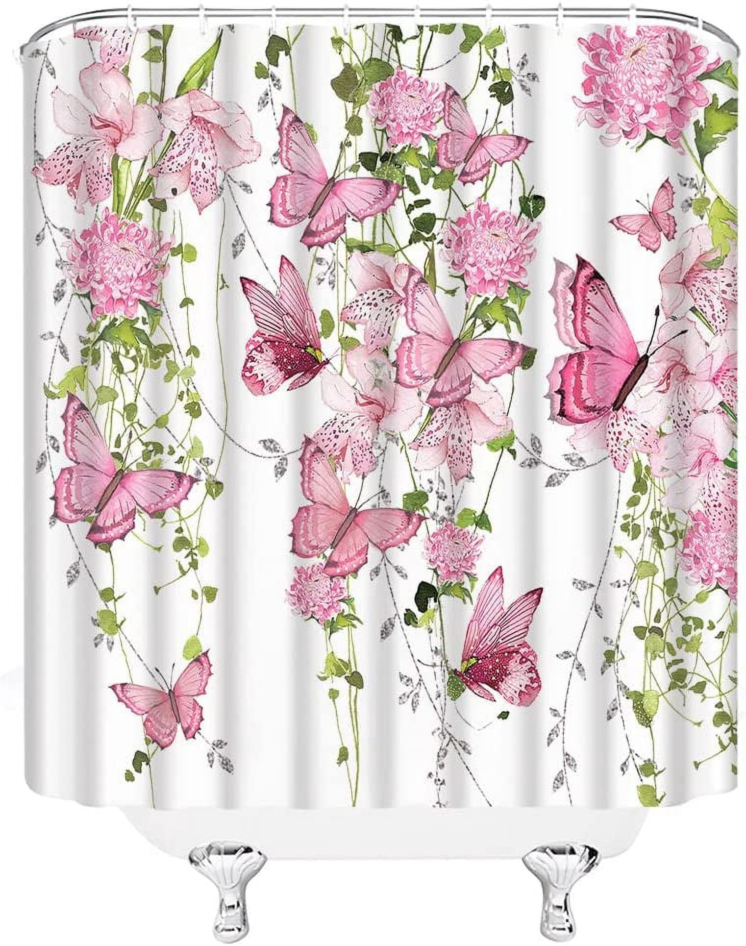 Pink Butterfly Shower Curtains Watercolor Butterflies Rustic Floral Spring Vine Nature Garden Woman Fabric Home Bathroom Decor Set with Hook（36" WX70 H）