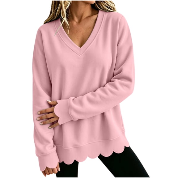 Eryao Oversized Pullover Sweatshirts for Women Fall Winter Lightweight Scalloped Sweatshirt Baggy V Neck Long Sleeve Solid Color Tops Pink,XXL