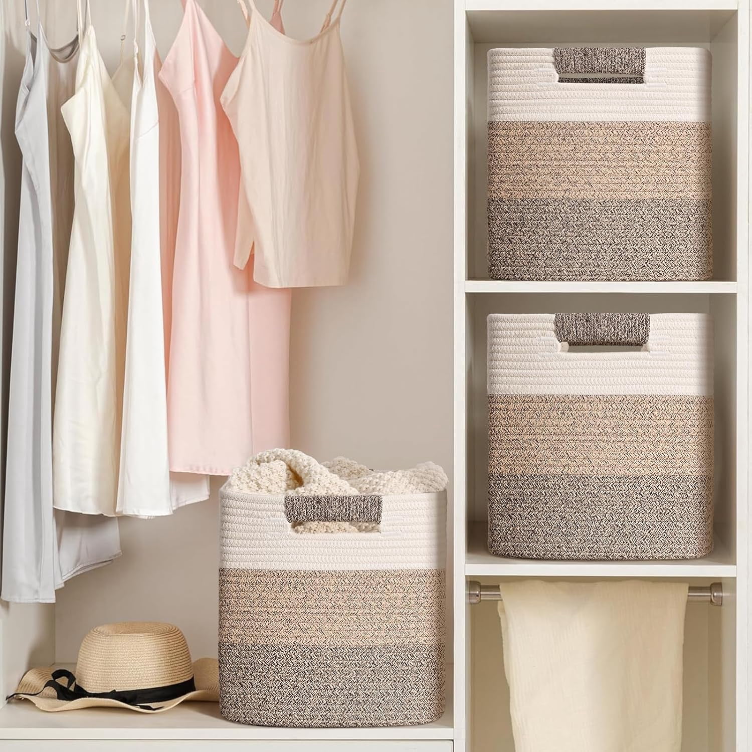 Natubeau 3 Pack Woven Storage Basket for Shelves, 11 Inch Cube Storage Bins, Cotton Rope Woven Baskets for Organizing, Gradient Jute