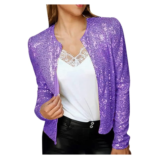 Veste Décontractée Courte à Paillettes pour Femmes Mode Vestes Décontractées pour Femmes Violet TG