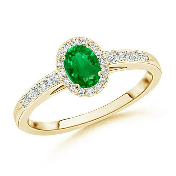 ANGARA Lab Grown Classic Oval Emerald Halo Ring with Diamond Accents for Women in 14K Yellow Gold (Size-5x3mm) | May Birthstone Jewelry for Her | Lab-Grown Emerald Engagement Ring