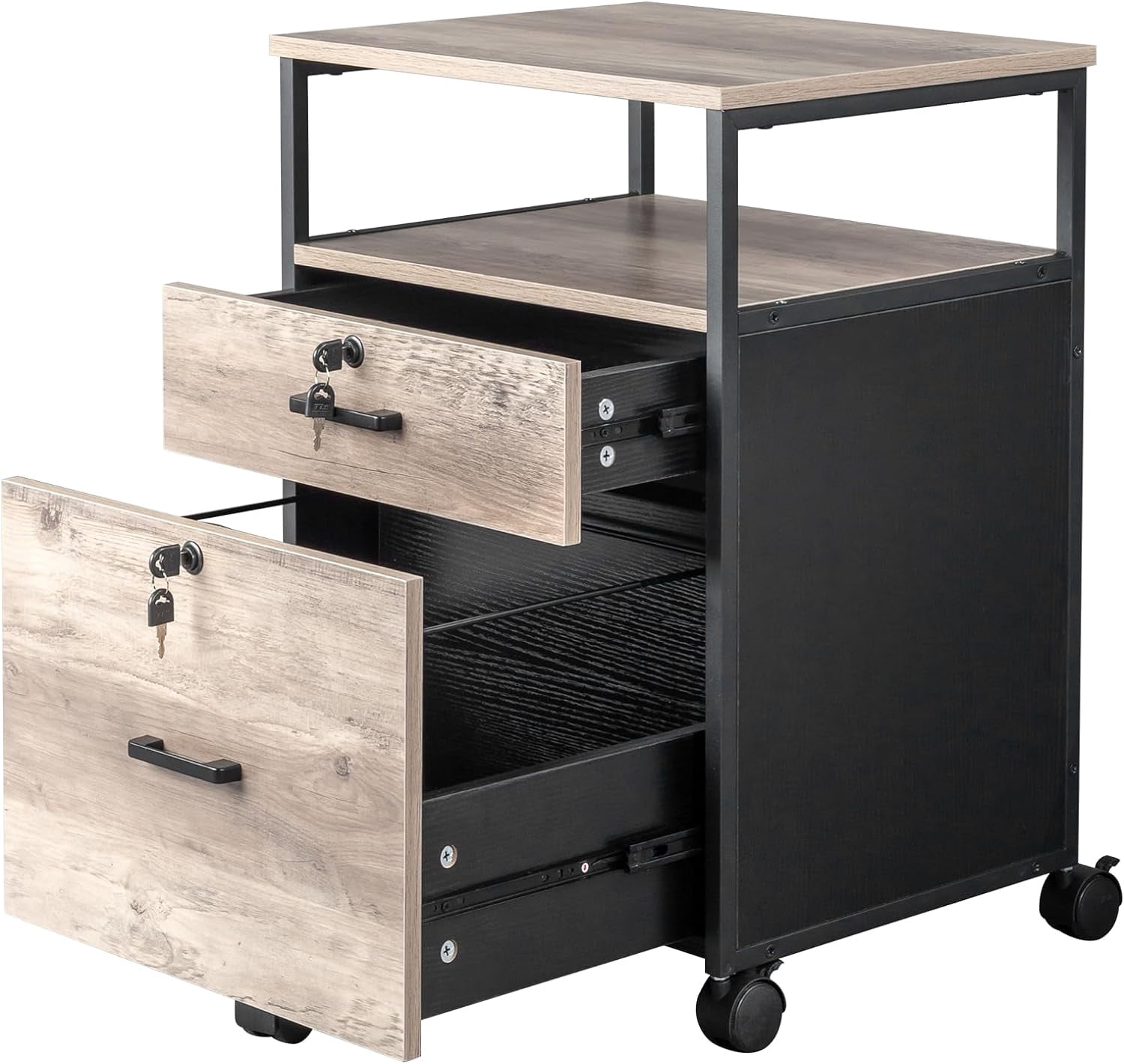 Wooden File Cabinet with 2 Drawers 1 Shelf Bookcase, Filing Cabinet for Legal Letter Storage with Printer Stand for Home Office Lateral File Cabinets Compact Design Wood Black