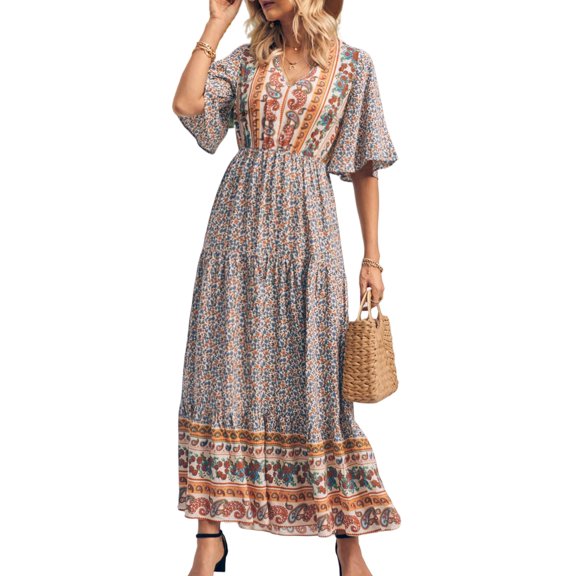 PRETTYGARDEN Women's Casual Summer Boho Floral Print Dress V Neck Short Sleeve High Waist Long Maxi Beach Dresses