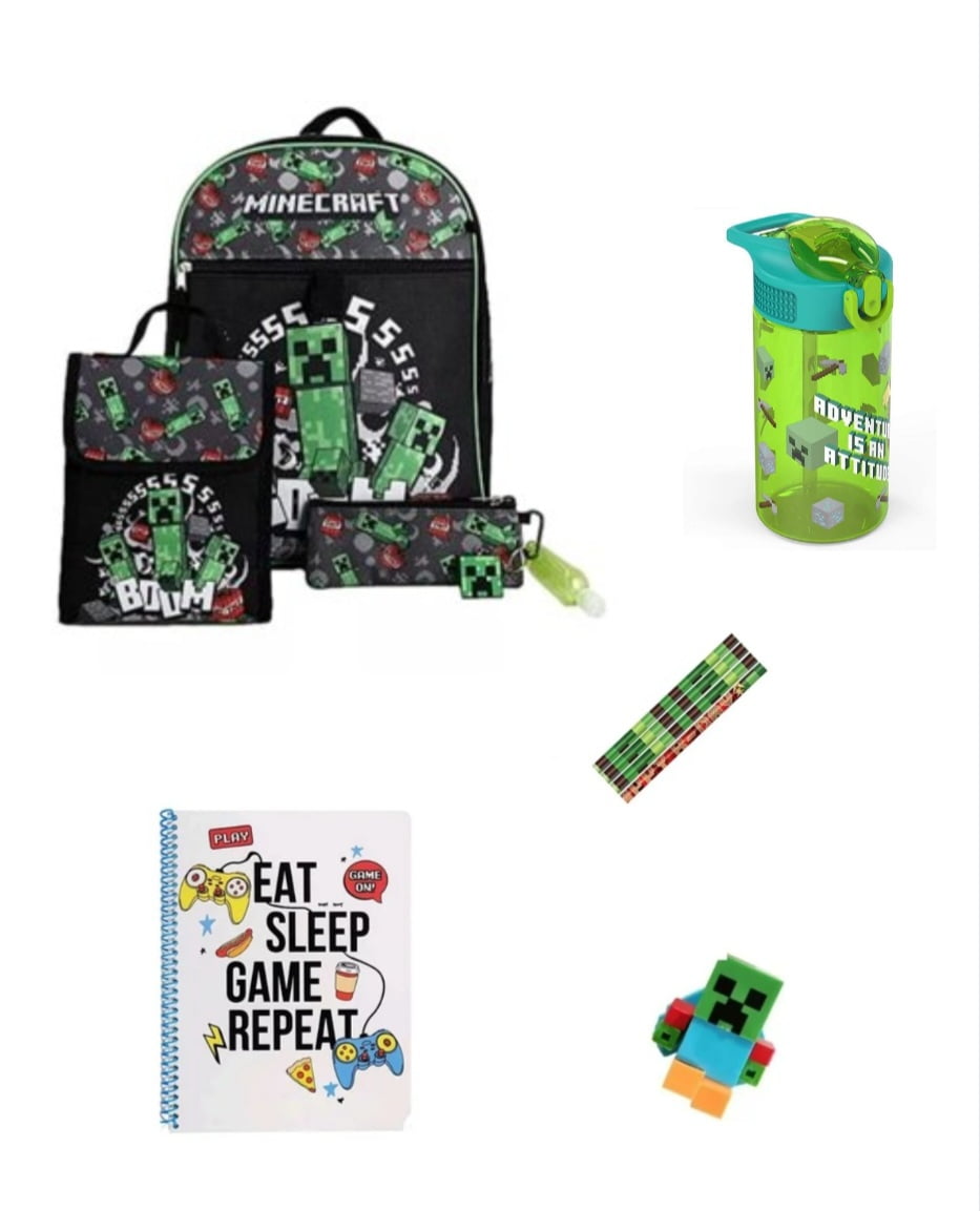 Minecraft Backpack Set, Zak Water Bottle 16 Oz, Buildable Eraser, Gamer Notebook and 4 Pencils 9