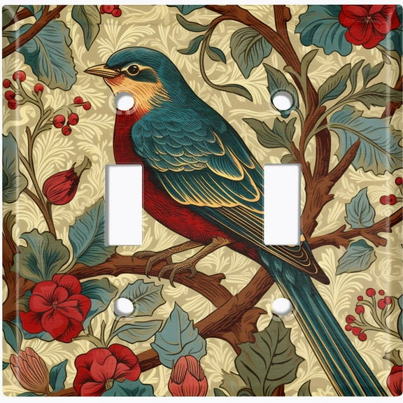 Metal Light Switch Wall Plate Outlet Cover (Printed Image of Traditional Bird Art - Double Toggle)