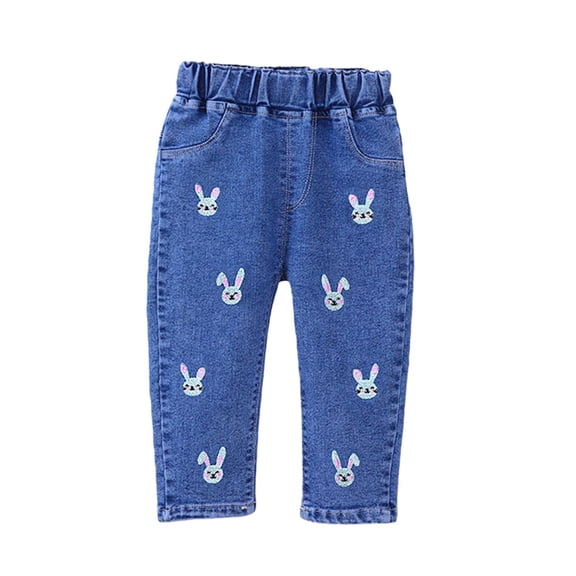 KAUOD Toddler Heart Print Jeans Cute Vintage Straight Denim Pants Kids Baby Elastic Waist Pull on Washed Jeans with Pockets