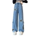 thumbnail image 3 of Wuxian Kids Girls Jeans Pant Straight Leg Print Casual Vintage Denim Cargo Pants With Multiple Pockets Elastic Waist For Big Girls Fashion Loose Relaxed Trousers,Blue,9-10 Years, 3 of 9