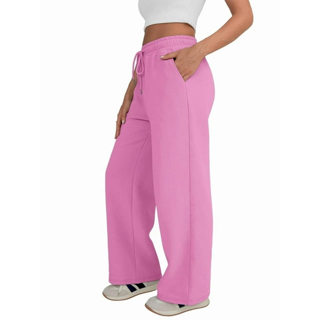 Womens Wide Leg Sweatpants High Waisted Baggy Lounge Pants Drawstring Flared Joggers with Pockets Pink M