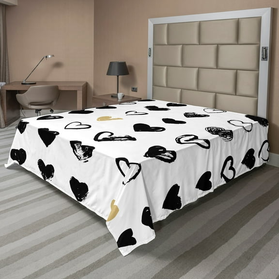 Ambesonne Love Flat Sheet, Small Heart Hipster, Queen Size, Tan Black White