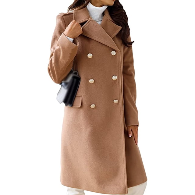 LinYooLi Women's Notch Lapel Double Breasted Pea Coat Winter Casual Wool Blend Overcoat Long Shacket Jacket