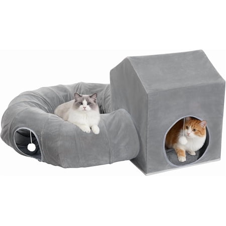 Pawaboo Cat Tunnel Bed for Indoor Cats, Cute Cat Donut Tunnel with Square House, Peekaboo Pet Cave Play Tunnels with Cave for Kitten/Rabbit, Dark Gray