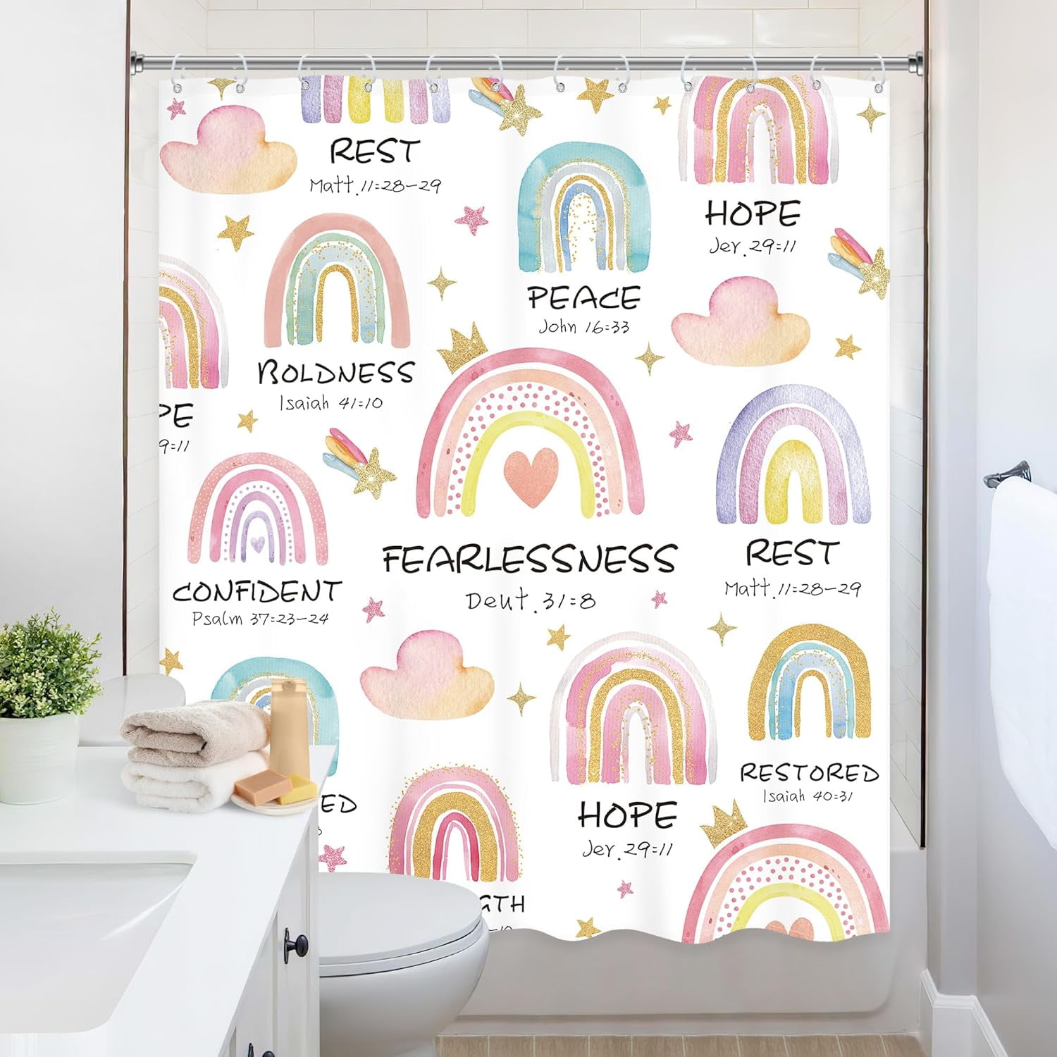Kids Girl Rainbow Shower Curtain Bible Verse Scripture Boho Inspirational Quote Christian Cute Cartoon Colorful Muted Cloud Bathroom Set 72Wx72L Inch Bath Curtain Bathtub Accessories Home Decor