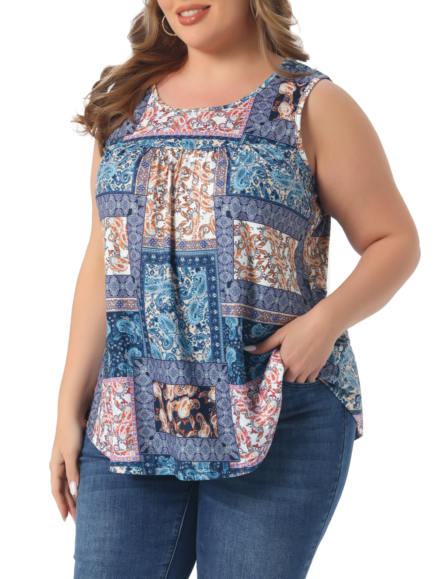 DARING DIVA Women's Plus Crew Neck Boho Pleated Curved Hem Tank Top Blouse 2X Navy Blue
