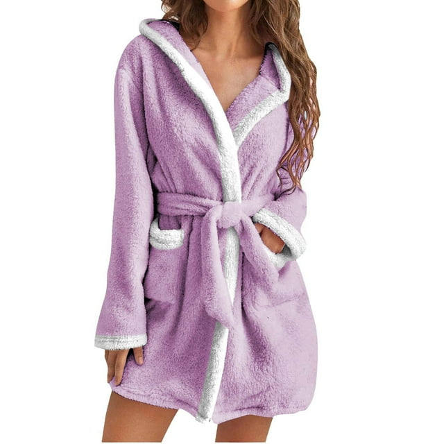 RXIRUCGD Mode Robe de Nuit Décontractée Unie à Manches Longues pour Femmes avec Poches en Velours Synthétique (Violet, Taille : S)