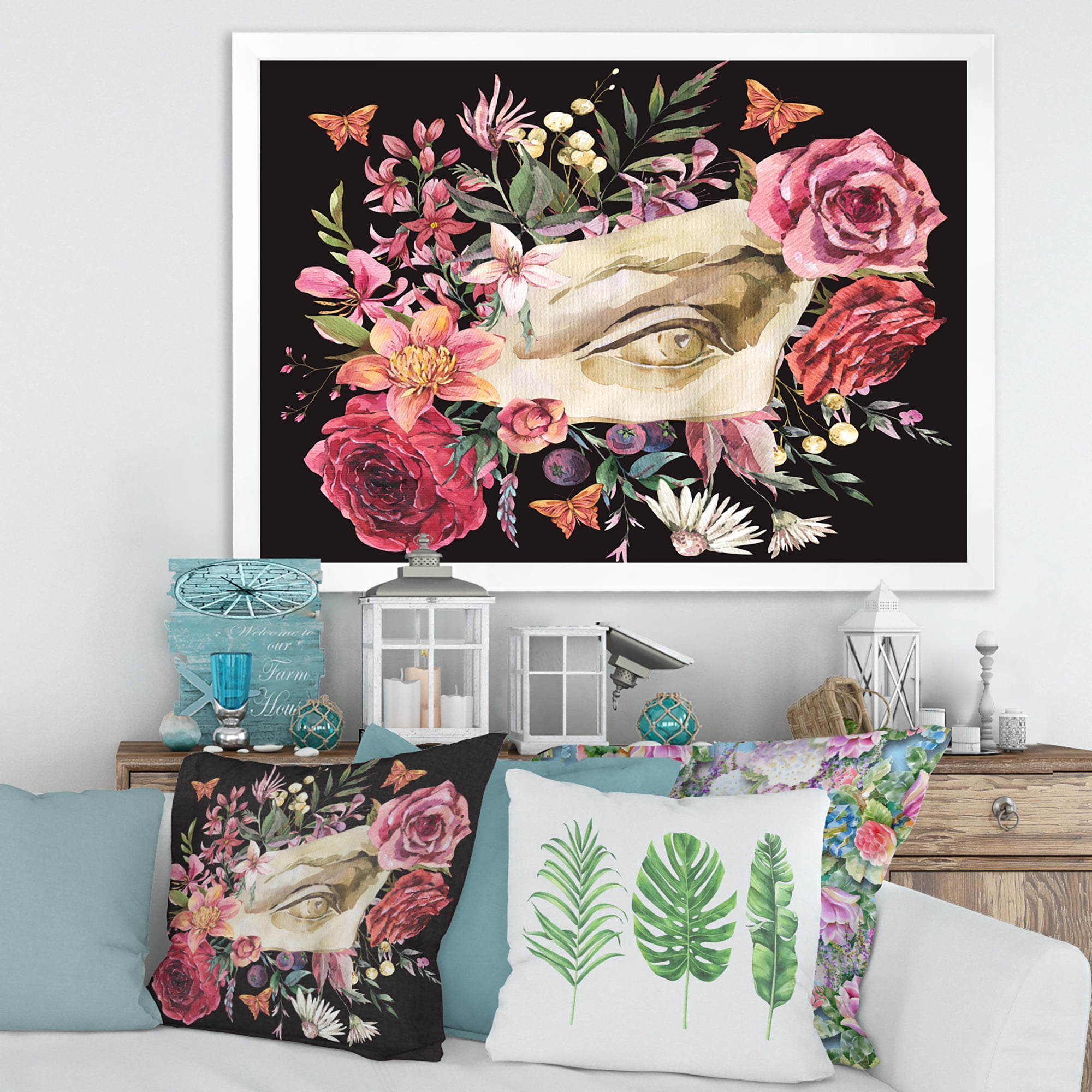 Designart 'Dried Wildflowers With Greek Sculpture David Eye' Farmhouse Framed Art Print